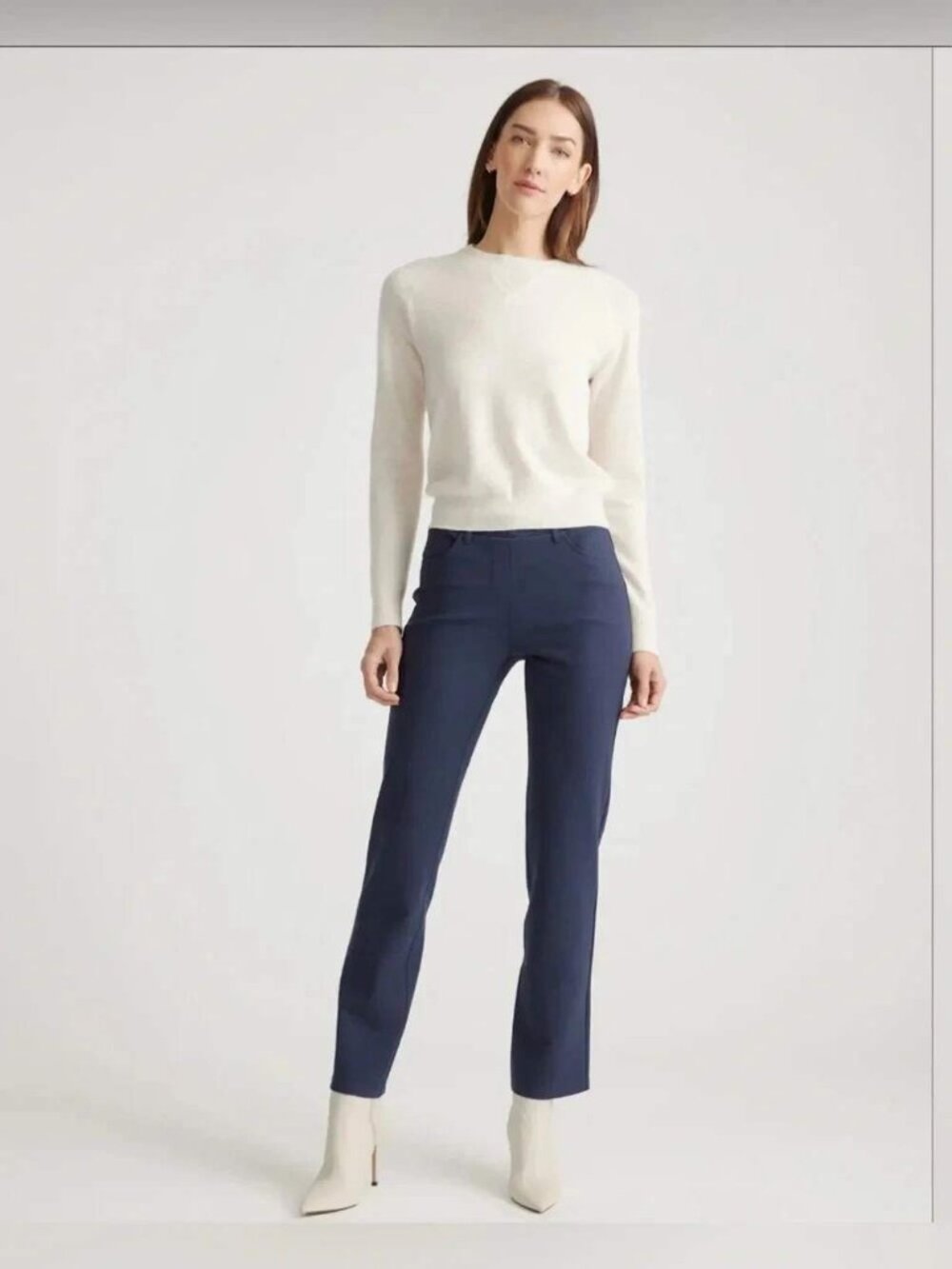 Quince Ultra-Stretch Ponte Straight Leg Pants Sz L Navy Blue Pockets Office